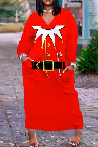 White Red Christmas Party Outfits Santa Claus Print V Neck Long Sleeve Plus Size Straight Loose Midi Dress