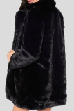 Black Casual Pocket Buckle Turndown Collar Long Sleeve Winter Cardigan Plush Jacket