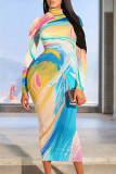 Gradient Print Contrast Half A Turtleneck Long Sleeve Casual Outing Bodycon Maxi Dress