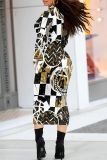 Gradient Print Contrast Half A Turtleneck Long Sleeve Casual Outing Bodycon Maxi Dress