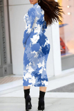 Gradient Print Contrast Half A Turtleneck Long Sleeve Casual Outing Bodycon Maxi Dress