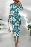 Black Yellow Floral Print O Neck Long Sleeve Casual Street Fall Outings Bodycon Pencil Midi Dress