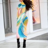 Gradient Print Contrast Half A Turtleneck Long Sleeve Casual Outing Bodycon Maxi Dress