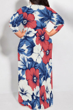 Red White Three Quarter O Neck Floor Length High Waist Lace Up Vacation Casual Outing Loose Maxi Dress