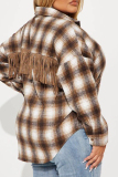Brown Casual Loose Plaid Button up Tassel Trim Turndown Collar Long Sleeve Fall Winter Shirts Jackets Outerwear