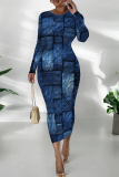 Blue Casual Graphics Print O Neck Long Sleeve Wrapped Skirt Formal Office Lady Bodycon Midi Dresses