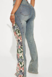 Blue Casual Skinny Floral Print Patchwork Pocket Buttons Zipper High Waist Flared Denim Jeans