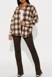 Brown Casual Loose Plaid Button up Tassel Trim Turndown Collar Long Sleeve Fall Winter Shirts Jackets Outerwear