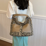 Khaki Daily Leopard Print PU Patchwork Zipper Shoulder Crossbody Tote Bags
