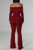 Red Skinny Casual Off Shoulder Lapel Collar Long Sleeve Crop Tops and Flare Leg Pants Two Pieces Sets