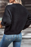 Black Heart Shaped Weaved Contrast Casual Loose Round Neck Long Sleeve Fall Winter Knitted Sweater Top