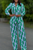 Red Casual African Print Contrast Button up Turndown Collar Long Sleeve Shirts and Wide Leg Pants Two Pieces Sets