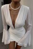 White Formal Evening Party Gown Ruched V Neck Flare Sleeve Wrapped Skirt Ruched Bodycon Mini Dresses