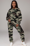 Dark Army Green Sportwear Camouflage Print Round Neck Long Sleeve Sweatshirt and Pencil Sweatpants Fall Winter Two Pieces Sweatsuits Sets
