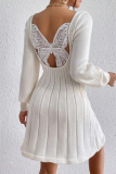 White Butterfly Lace Print Backless U Neck Lantern Sleeve A Line Pleated Mini Sweater Dresses