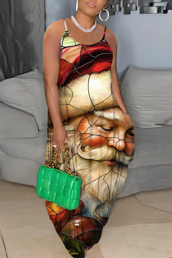 Blue Santa Claus Christmas Tree Print Sleeveless Backless Spaghetti Strap Floor Length Casual Outing Vacation Straight Loose Maxi Slip Dress