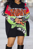 White Blue Casual Loose Letters Contrast Patchwork Hooded Lantern Sleeve Long Sweatshirts Tops Dresses