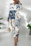 Blue Casual Graphics Print O Neck Long Sleeve Wrapped Skirt Formal Office Lady Bodycon Midi Dresses