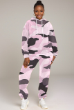 Pink Sportwear Camouflage Print Hooded Long Sleeve Sweatshirt and Pencil Sweatpants Fall Winter Two Pieces Sweatsuits Sets