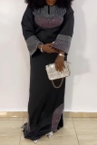 Black Hot Drilling Embellished O Neck and Long Sleeve Side Slit Long Loose Formal Gathering Kaftan Maxi Dresses