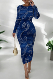 Blue Casual Graphics Print O Neck Long Sleeve Wrapped Skirt Formal Office Lady Bodycon Midi Dresses