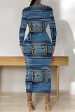 Blue Casual Graphics Print O Neck Long Sleeve Wrapped Skirt Formal Office Lady Bodycon Midi Dresses