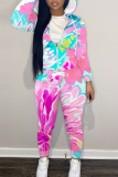 Khaki Sportwear Floral Print Hooded Zip Up Long Sleeve Jackets and Pencil Sweatpants Fall Winter Two Pieces Sweatsuits Sets