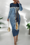 Blue Casual Graphics Print O Neck Long Sleeve Wrapped Skirt Formal Office Lady Bodycon Midi Dresses