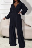 Dark Blue Casual Party Club Lace Up Elastic Waist V Neck Long Lantern Sleeve Wide Leg Jumpsuits