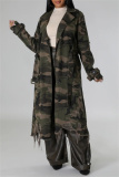 Dark Green Casual Camouflage Print Ripped Buttons With Belt Turndown Collar Fall Winter Long Trendy Coats Outerwear