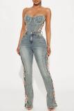 Blue Casual Skinny Floral Print Patchwork Pocket Buttons Zipper High Waist Flared Denim Jeans