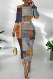 Blue Casual Graphics Print O Neck Long Sleeve Wrapped Skirt Formal Office Lady Bodycon Midi Dresses