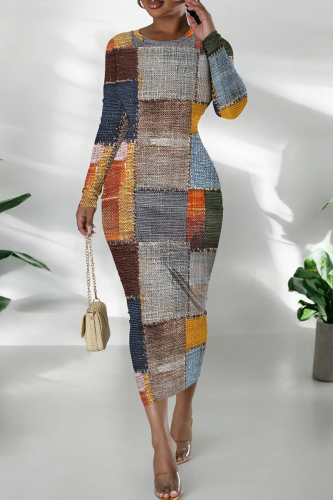 Blue Casual Graphics Print O Neck Long Sleeve Wrapped Skirt Formal Office Lady Bodycon Midi Dresses