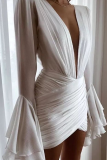 White Formal Evening Party Gown Ruched V Neck Flare Sleeve Wrapped Skirt Ruched Bodycon Mini Dresses