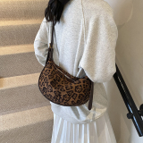 Black Suede Daily Leopard Print Zipper Fall Winter Shoulder Crossbody Sling Dumpling Bags