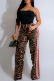 Casual Leopard Stripe Print Pocket Patchwork Loose High Waist Wide Leg Pants Bottoms