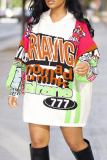 White Blue Casual Loose Letters Contrast Patchwork Hooded Lantern Sleeve Long Sweatshirts Tops Dresses