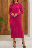 Red Formal Office Lady Party Evening O Neck Long Sleeve Textured Pleated Bodycon Maxi Dresses
