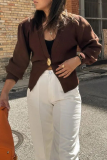 Brown Casual Button up Weave V Neck Long Lantern Sleeve Fall Winter Sweater Cardigans Coats Outerwear