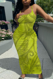 Light Green Floral Print Sleeveless Backless Spaghetti Strap Casual Outing Vacation Bodycon Cami Maxi Dress