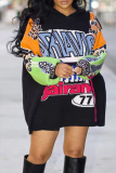 White Blue Casual Loose Letters Contrast Patchwork Hooded Lantern Sleeve Long Sweatshirts Tops Dresses