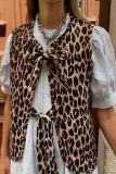 Casual Street Leopard Print Lace Up Tie-front Slit Round Neck Tops Vests Waistcoats