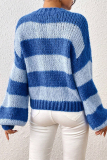 Blue Stripe Contrast Weave Casual Loose Round Neck Long Lantern Sleeve Fall Winter Knitted Sweater Top