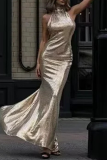 Gold Sequins Evening Party Gown Backless Sleeveless Mermaid Hem One Step Skirt Halter Bodycon Glitter Prom Maxi Dress