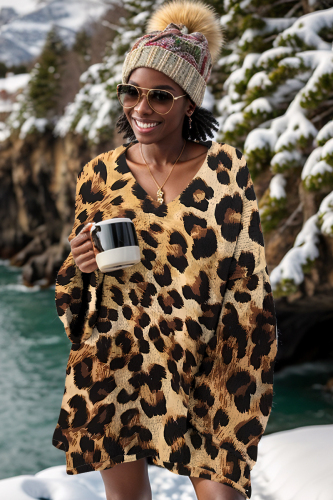 Pink Casual Leopard Zebra Print Loose V Neck Long Sleeve Fall Winter Knitted Sweater Tops