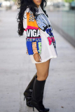 White Blue Casual Loose Letters Contrast Patchwork Hooded Lantern Sleeve Long Sweatshirts Tops Dresses