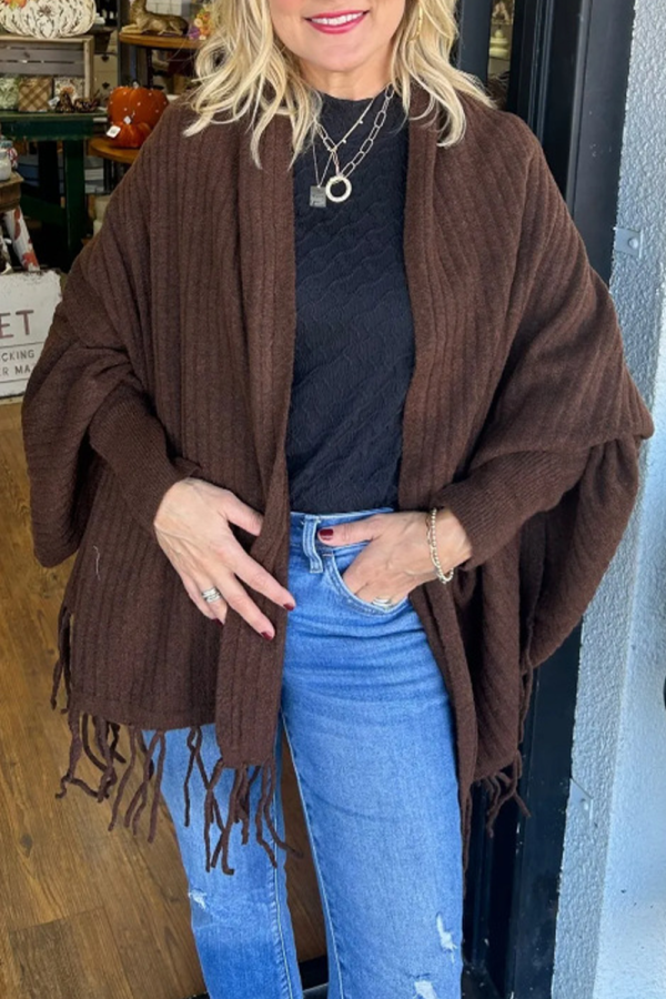 Light Grey Casual Fringed Trim Long Batwing Sleeve Fall Winter Knitting Cardigan Coats Cloaks Outerwear