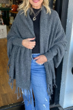 Light Grey Casual Fringed Trim Long Batwing Sleeve Fall Winter Knitting Cardigan Coats Cloaks Outerwear
