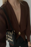 Brown Casual Button up Weave V Neck Long Lantern Sleeve Fall Winter Sweater Cardigans Coats Outerwear