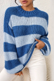 Blue Stripe Contrast Weave Casual Loose Round Neck Long Lantern Sleeve Fall Winter Knitted Sweater Top